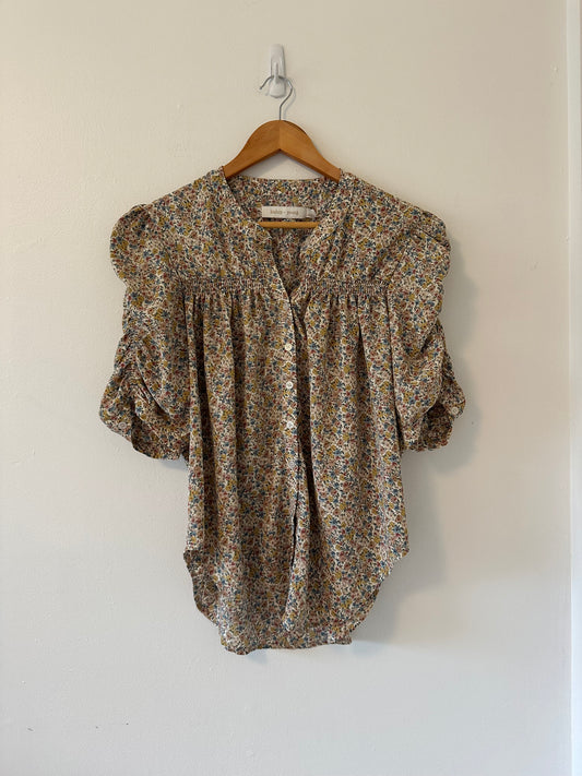 bishop + young Ruched Floral Button Down Blouse in Blue and Brown | Size Large