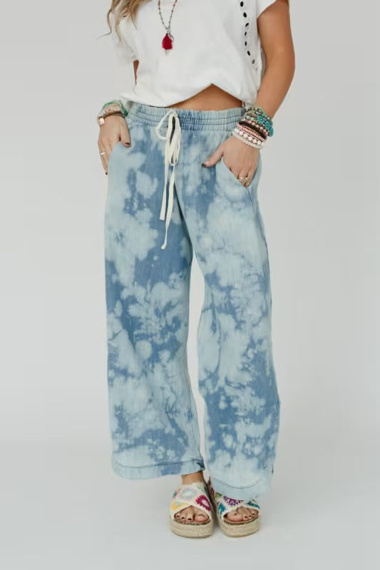 Three Bird Nest The So Comfy Wide Leg Pant in Blue Bleached Denim - Size Medium