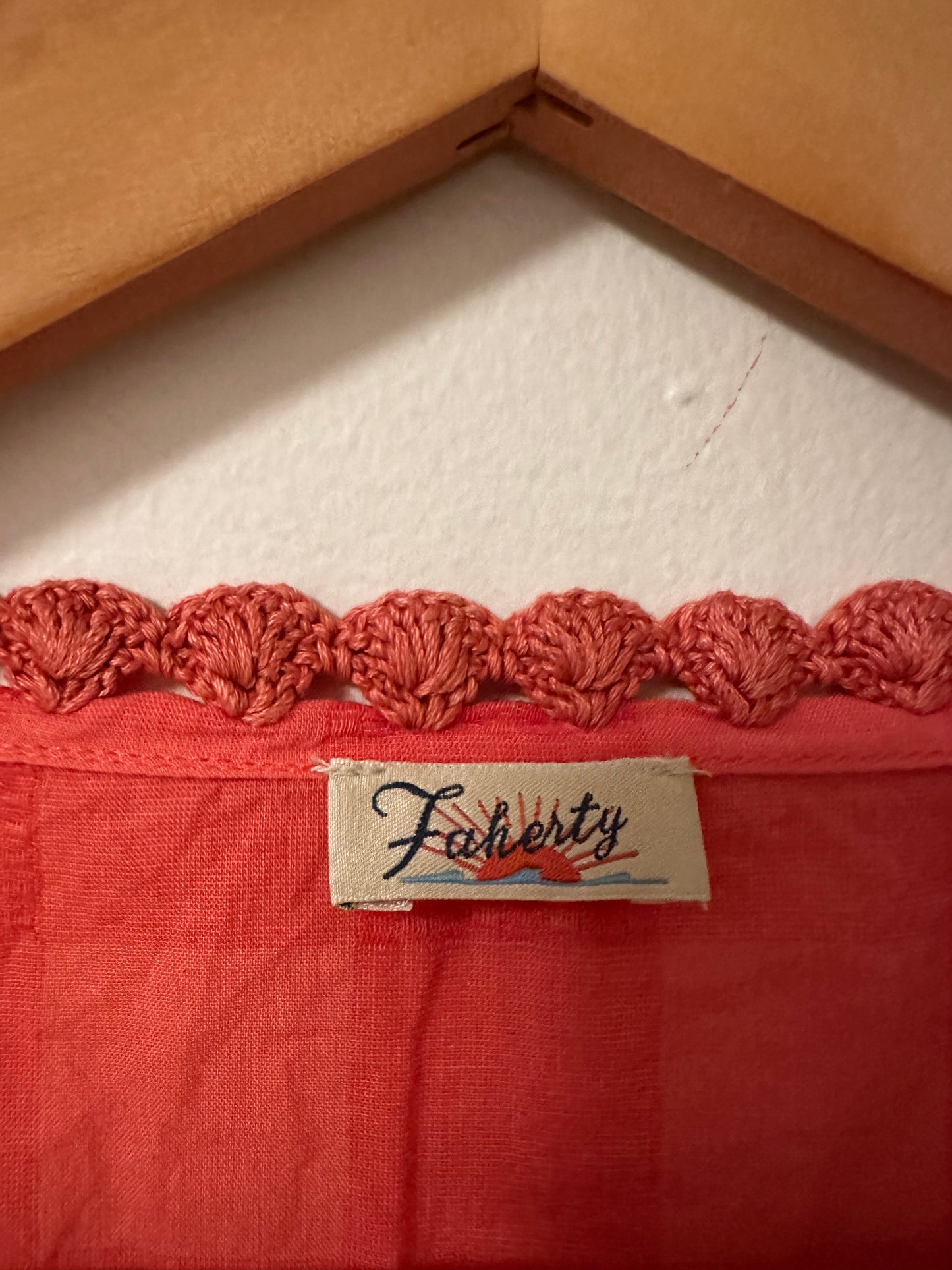 Faherty Coral Checkered Cotton Blouse with Crochet Trim | Size Large