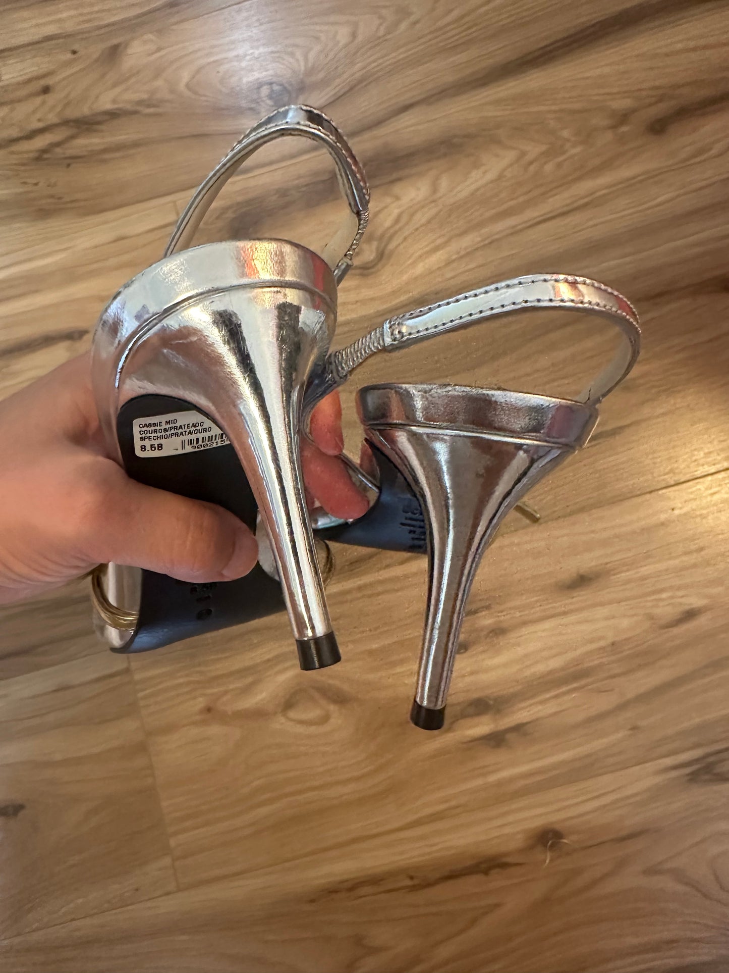 Schutz Cassie Mid Heel Silver and Gold Women's Dress Sandals - Size 8.5