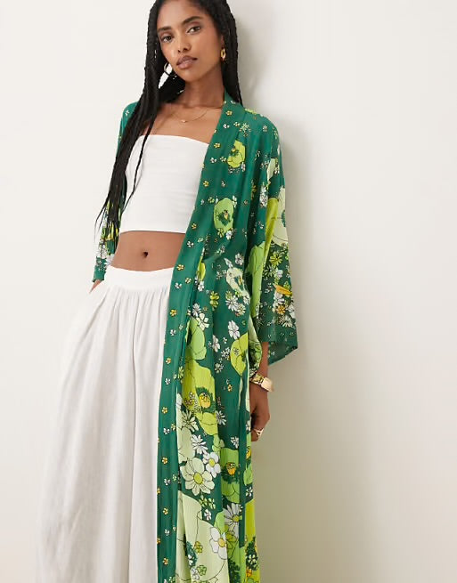 Free People Hidden Hills Floral Green Kimono Robe