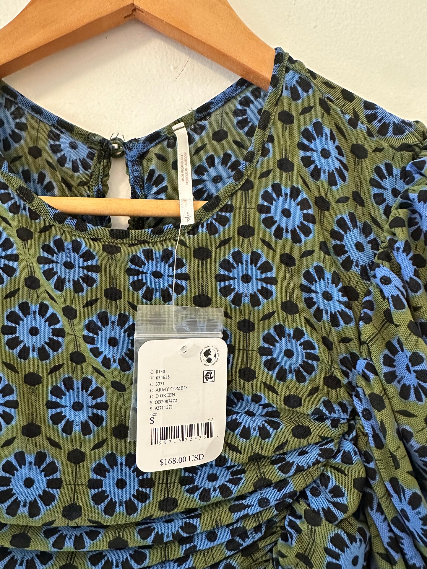 NWT Free People Briella Printed Army Green Combo Floral Dress - Size Small