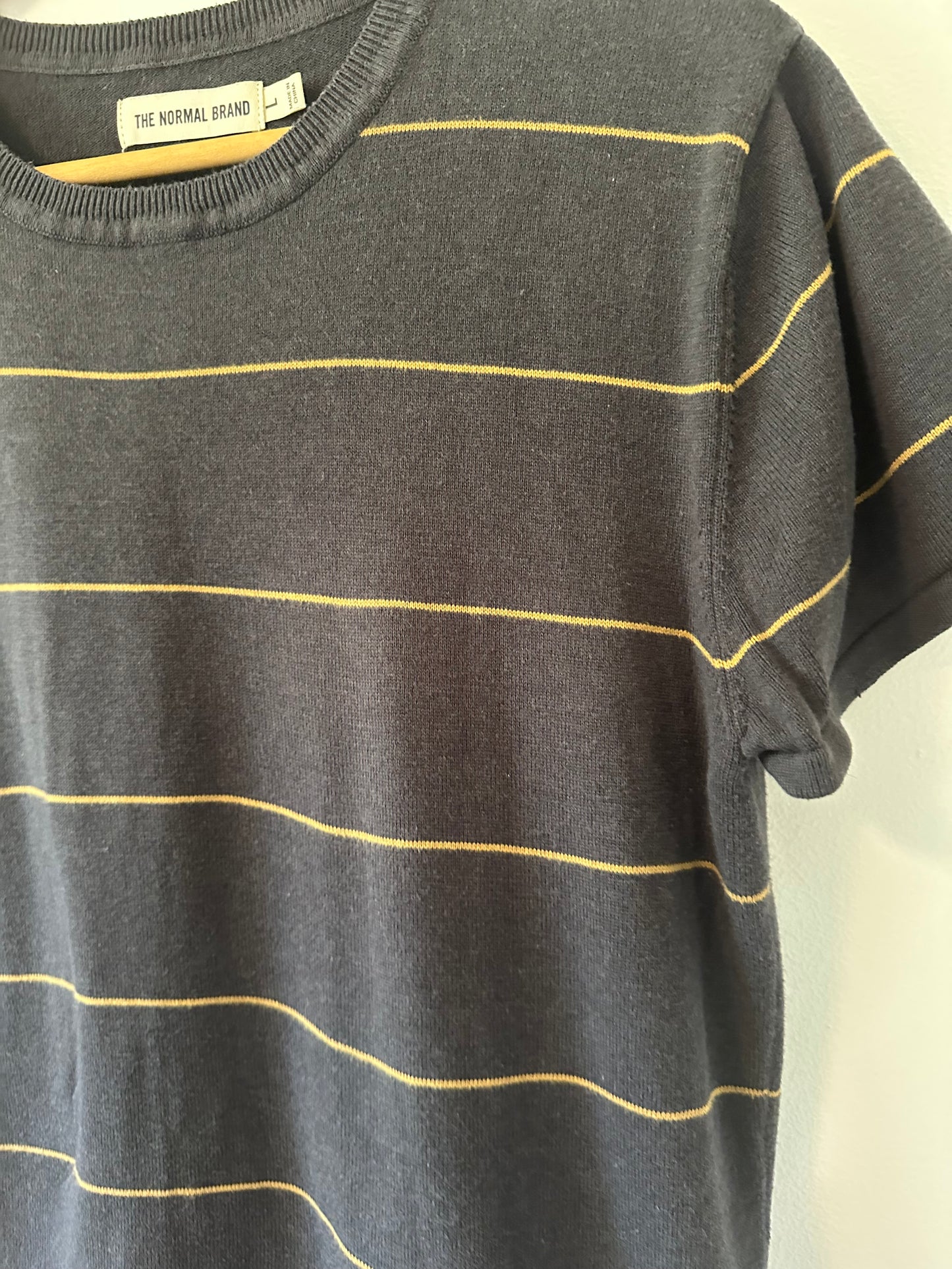 The Normal Brand Charcoal and Mustard Striped Tee | Size Large