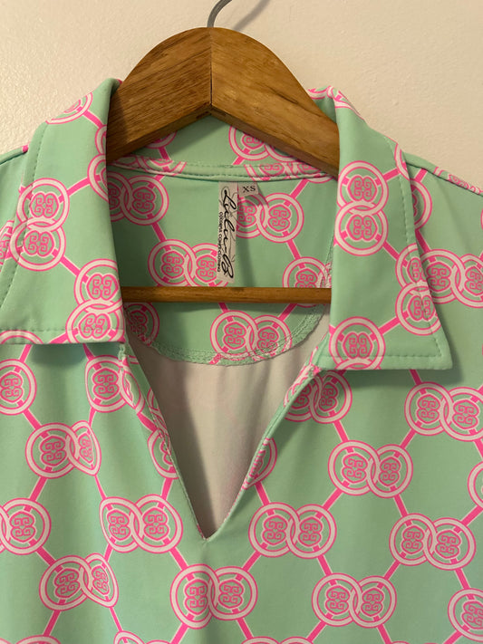 Lulu-B - Green and Pink Geometric Stretchy Polo Shirt | Size XS