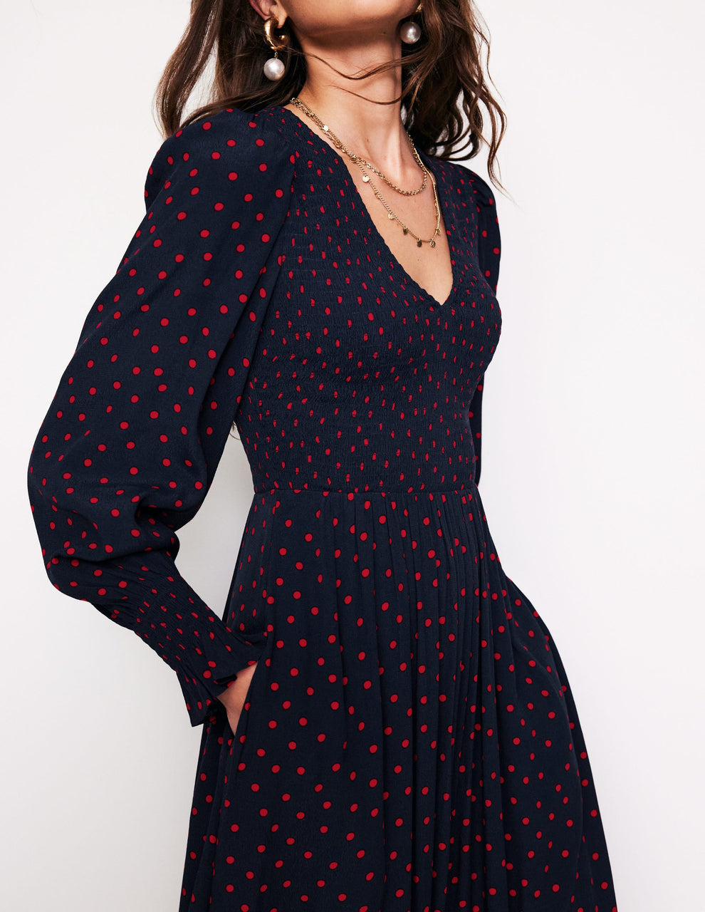 Boden Gemma Smocked Midi Dress in High Risk Red, Abstract Dot - Size 6