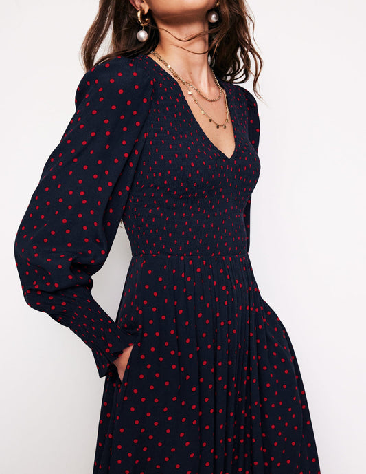 Boden Gemma Smocked Midi Dress in High Risk Red, Abstract Dot - Size 6