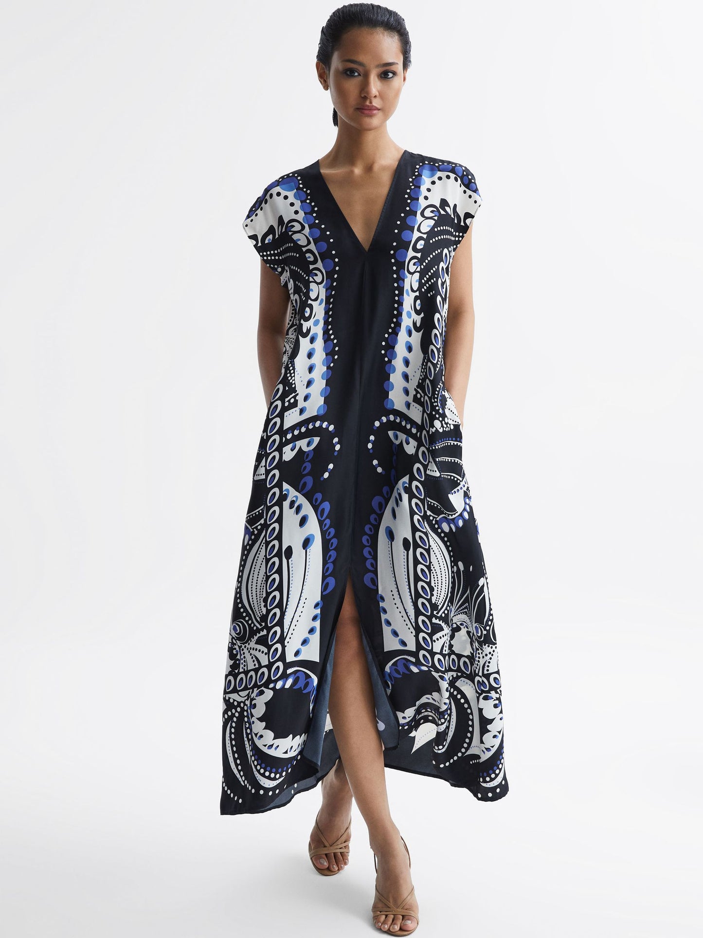 Reiss Freja Scarf Printed Midi Dress in Navy and White | Size 6