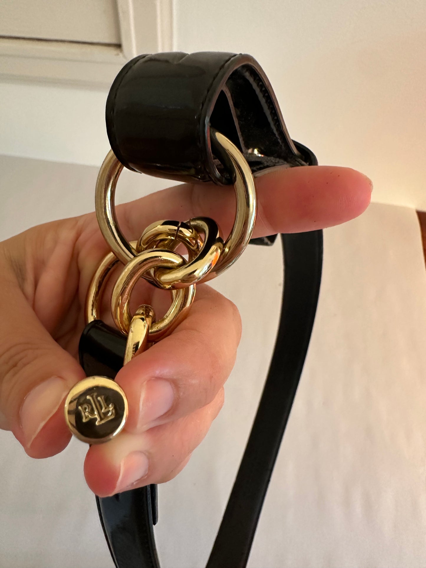 Ralph Lauren Black Patent Belt with Gold Hardware