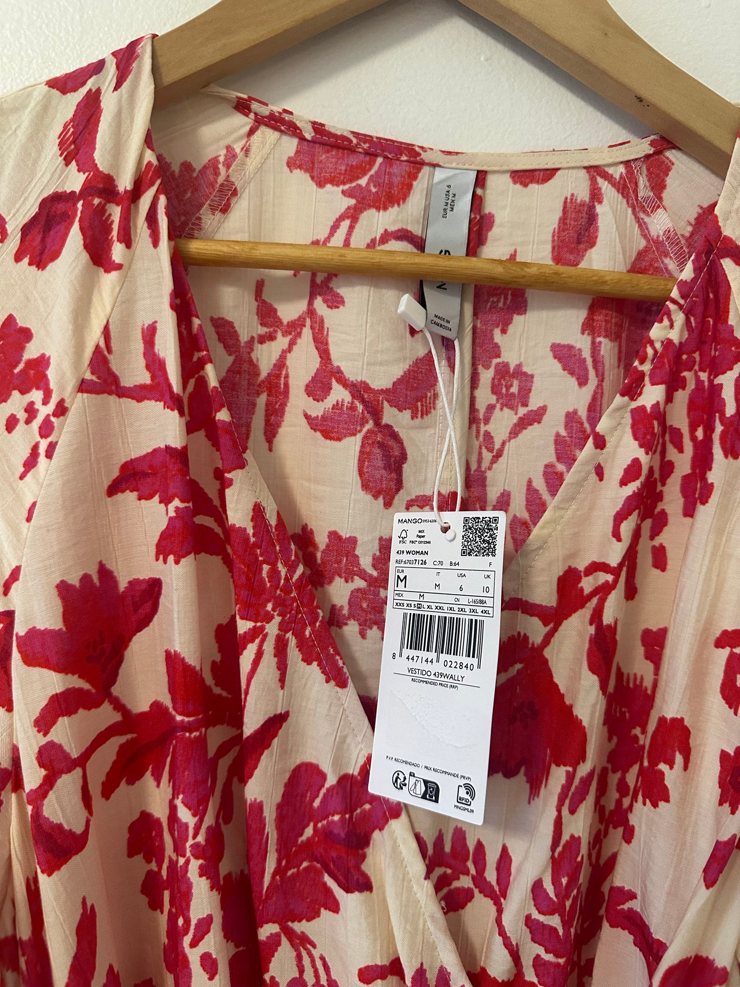MANGO New Floral Print Pink and Cream Wrap Dress Size Medium