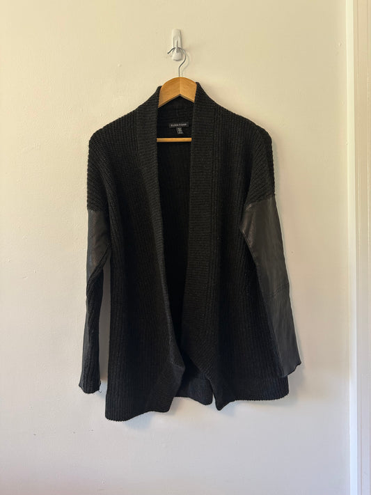 Eileen Fisher Black Wool Cardigan with Leather Details | Size XS