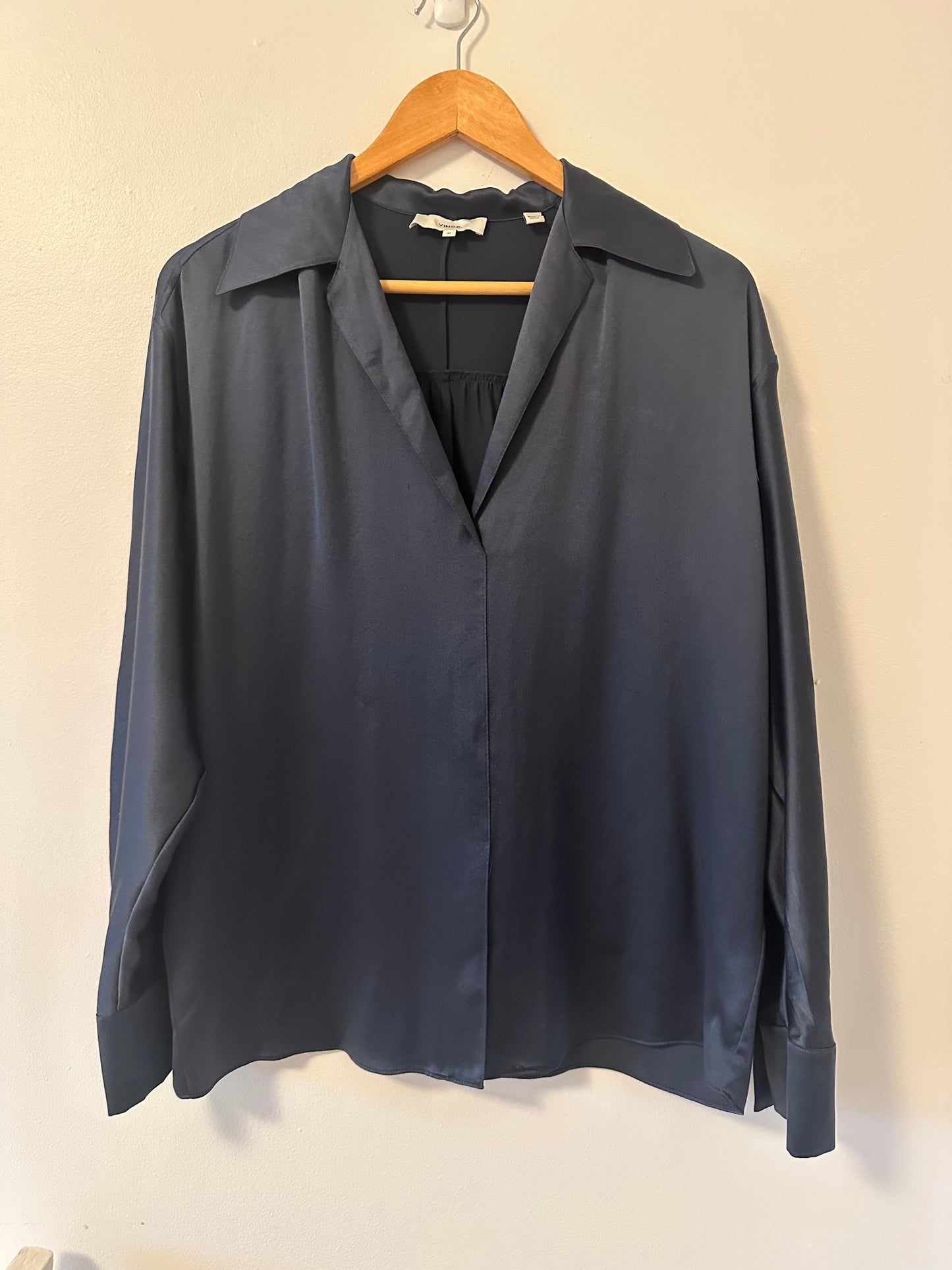 Vince Long Sleeve Shaped Collar Silk Pullover Blouse in Dark Water - Size Medium