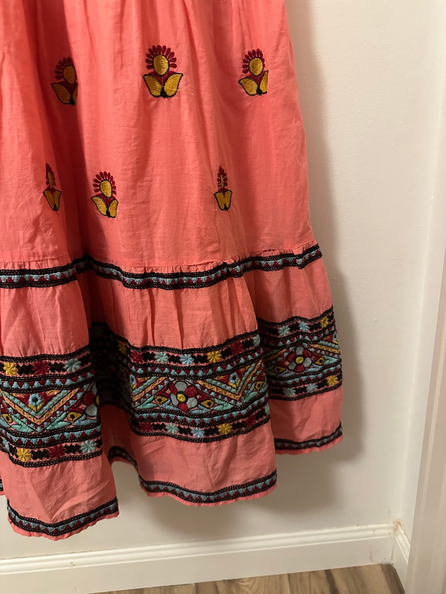 Oliphant Flirty V-Neck Embroidered Maxi Dress in Santa Fe Pink | Size XL