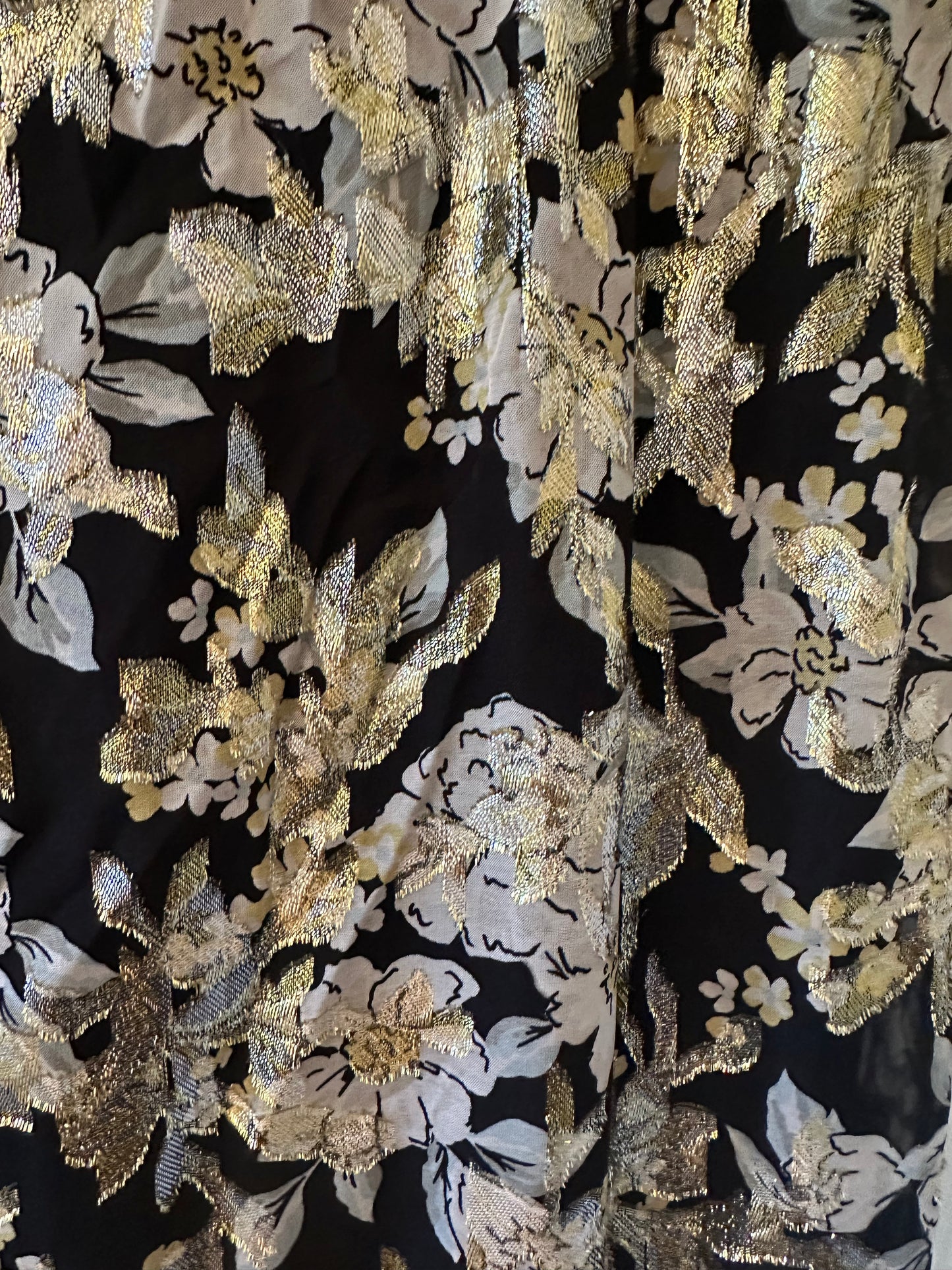 ML Monique Lhuillier Metallic Floral Midi Sheath Dress in Black, Gold, and Silver - Size 12