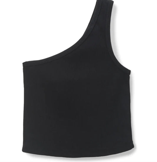 perfectwhitetee Call Me One Shoulder Structured Rib Tank in Black | Size Medium