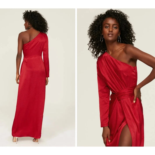 Monique Lhuillier One-Shoulder Red Evening Gown - Size 8