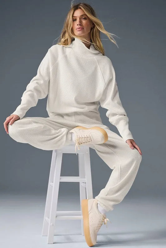 Alo Yoga Waffle Weekend Escape Mock Neck Long Sleeve - Ivory Size Small