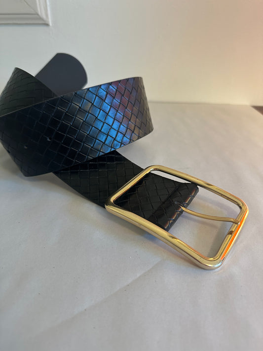 Black Woven Leather Belt with Gold Buckle