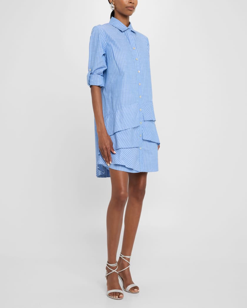 Finley Jenna Striped Ruffle Shirt Dress in Blue and White - Size Medium