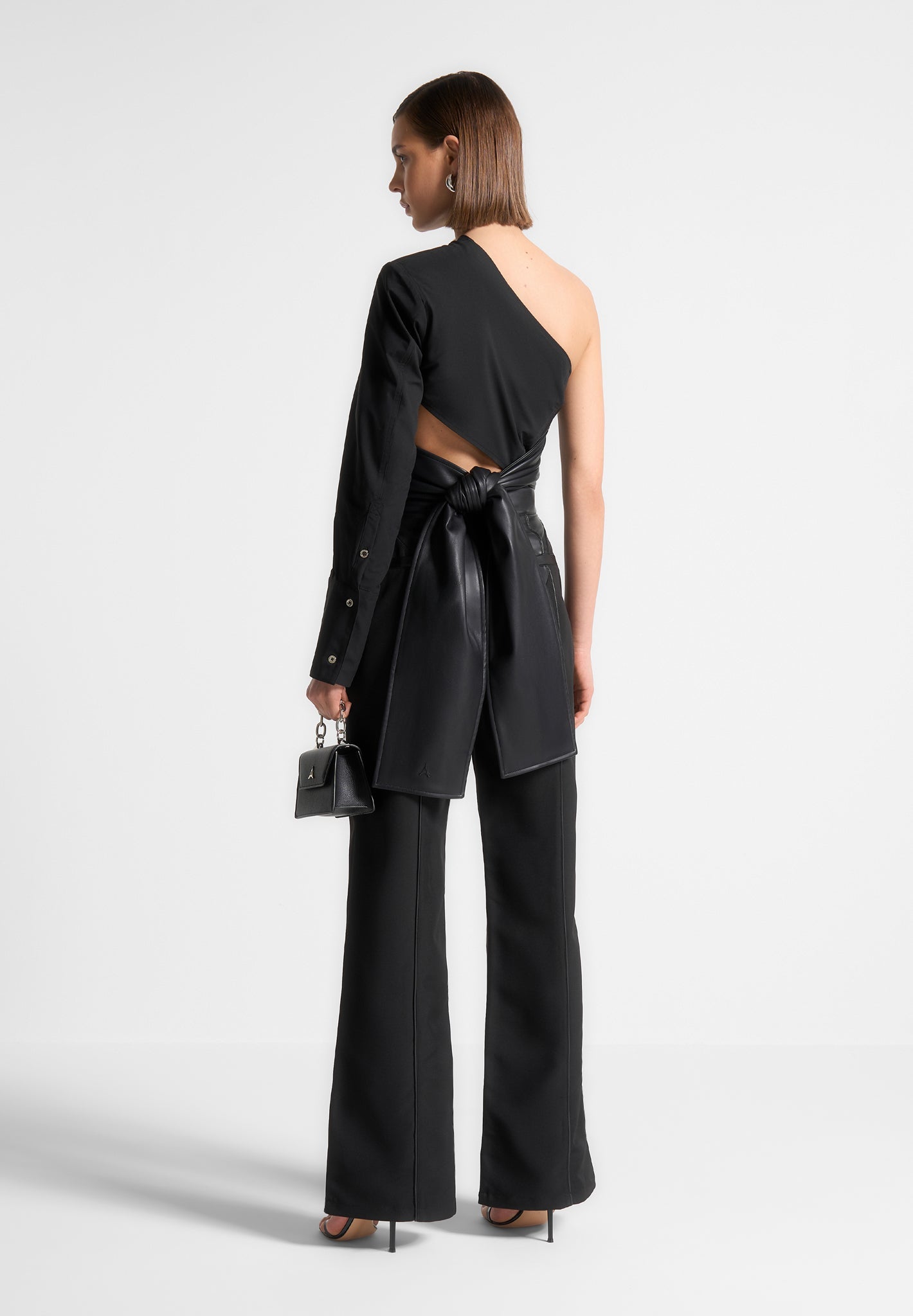 Maniere De Voir Coralie Black One-Shoulder Vegan Leather Wrap Blouse - Size 6