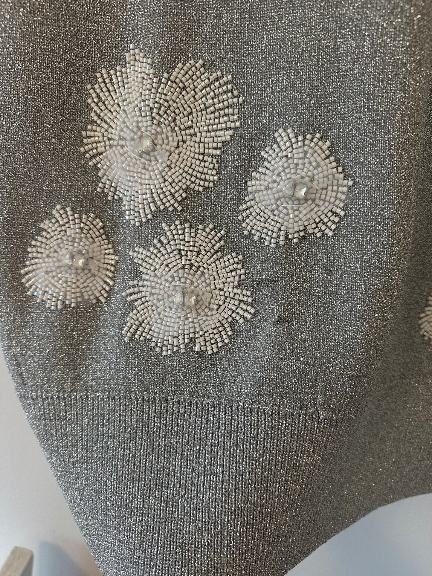 Essentiel Antwerp Eruby Rhinestone Embroidered Metallic Knit Top - Size Medium