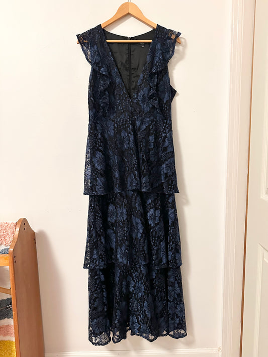 Lulu's Molinetto Navy Blue Lace Ruffled Tiered Sleeveless Maxi Dress | Size Large