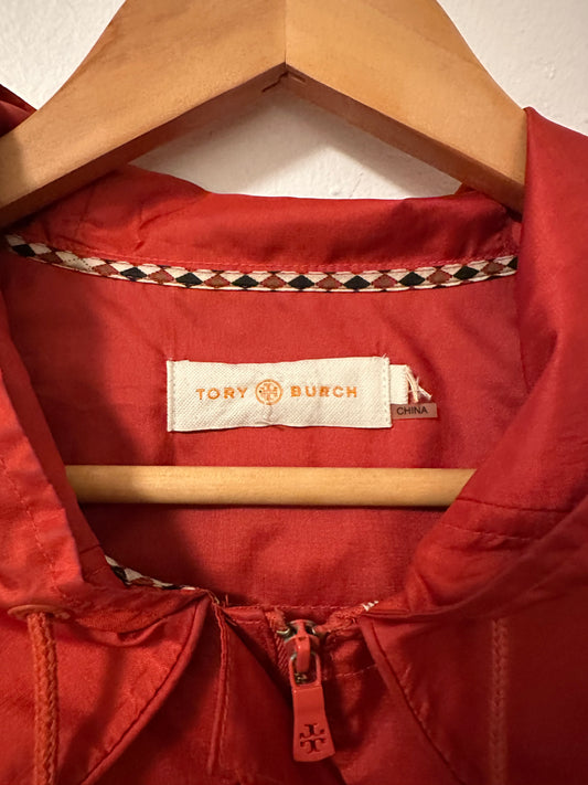 Tory Burch Red Pleated Utility Rain Jacket with Hood | Size Large