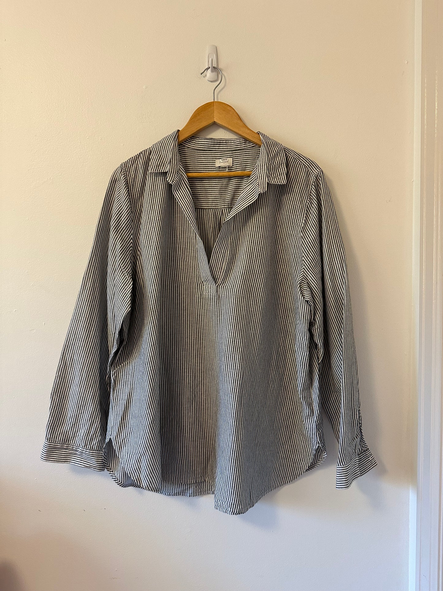 J. Crew Navy and White Striped Cotton Linen Popover Top | Size XL