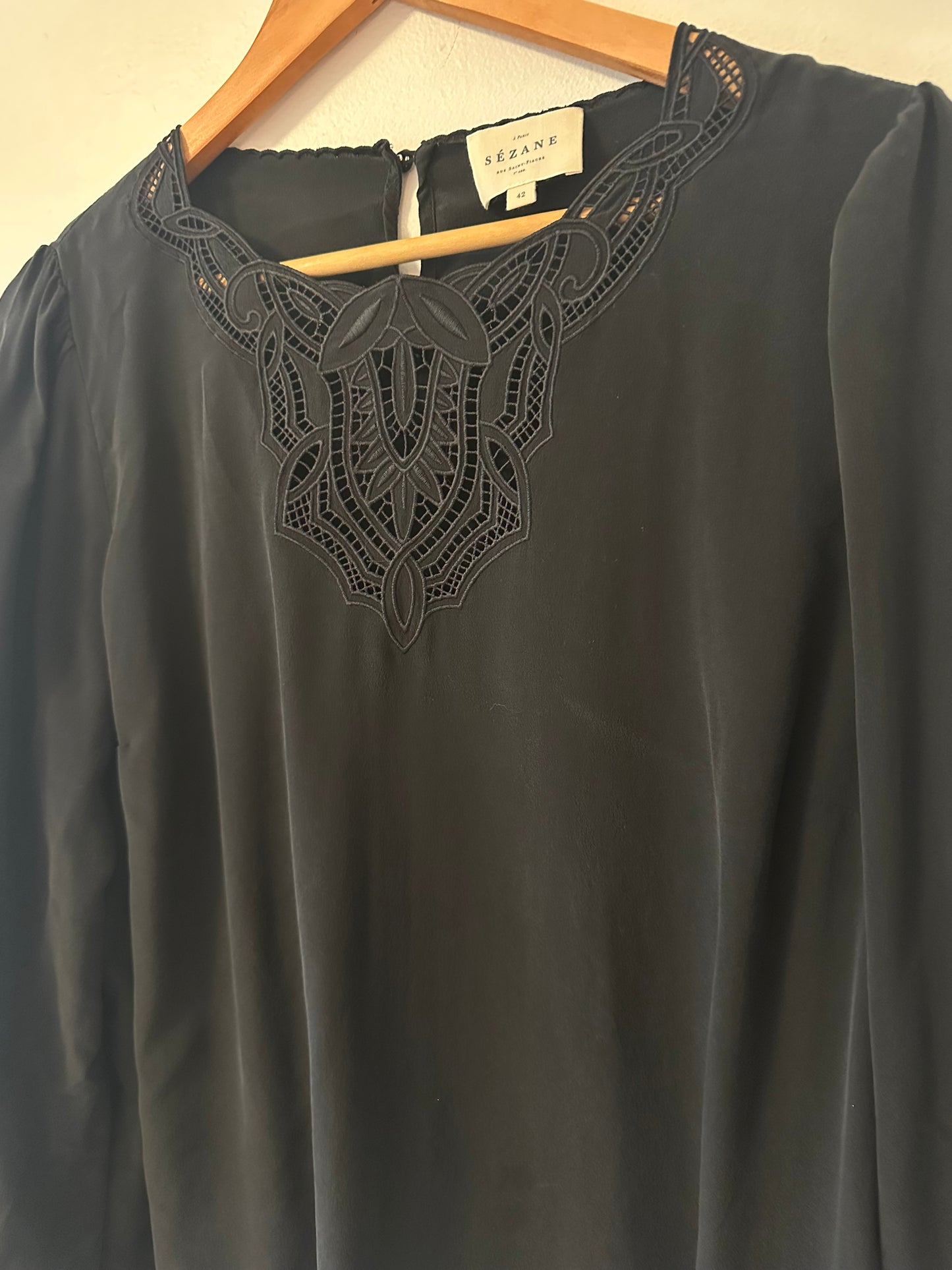Sezane Carlotta Black Silk Blouse with Lace Neckline Accent | Size US 10 / EU 42