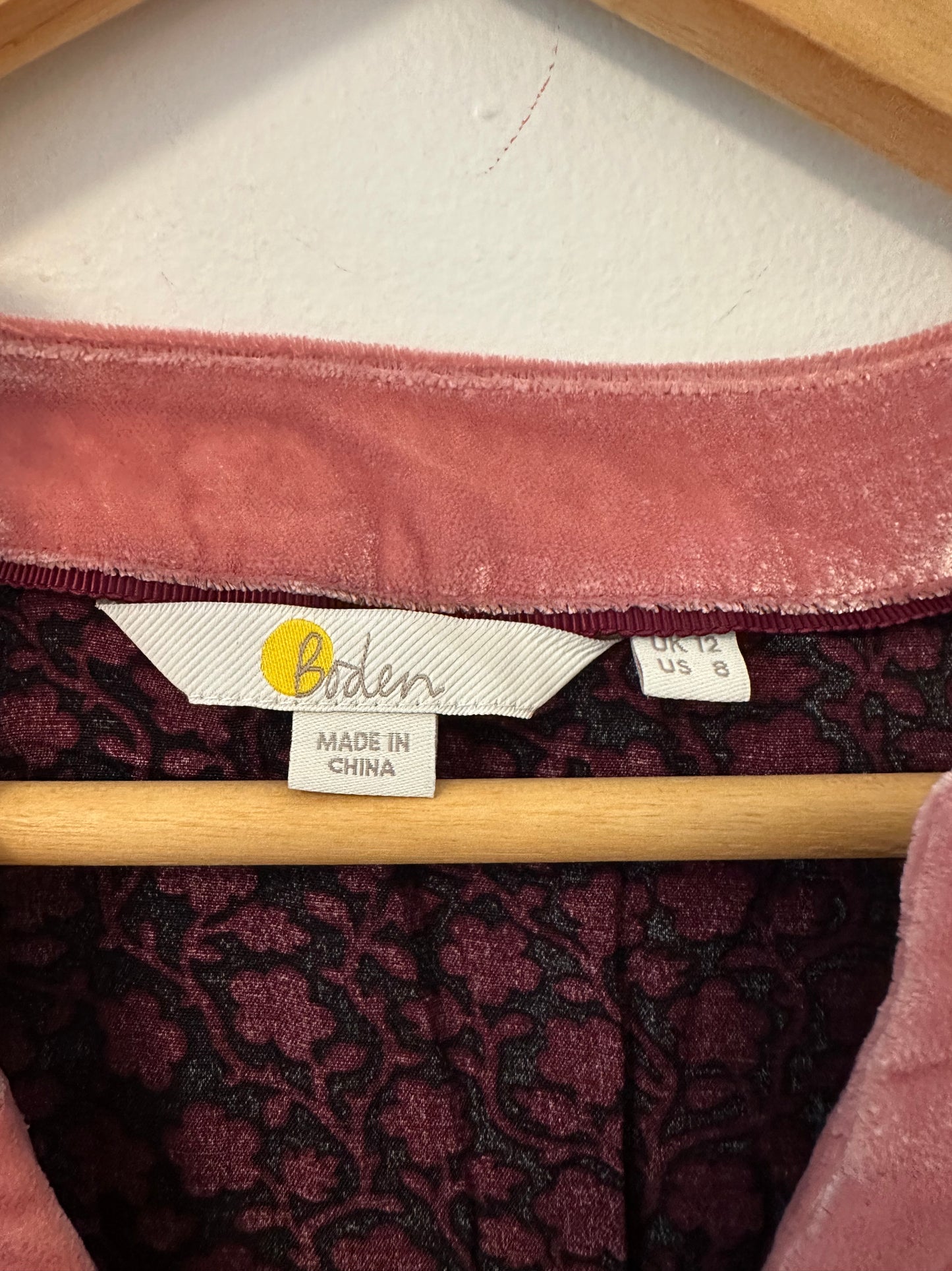 Boden Velvet Trimmed Annabel Top in Pink and Black - Size 8