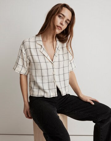 Madewell Linen-Blend Resort Crop Shirt in Windowpane | Size XS