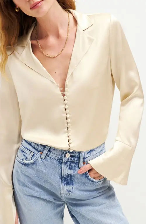 Reformation Jeremiah Silk Top in Almond - Size XL