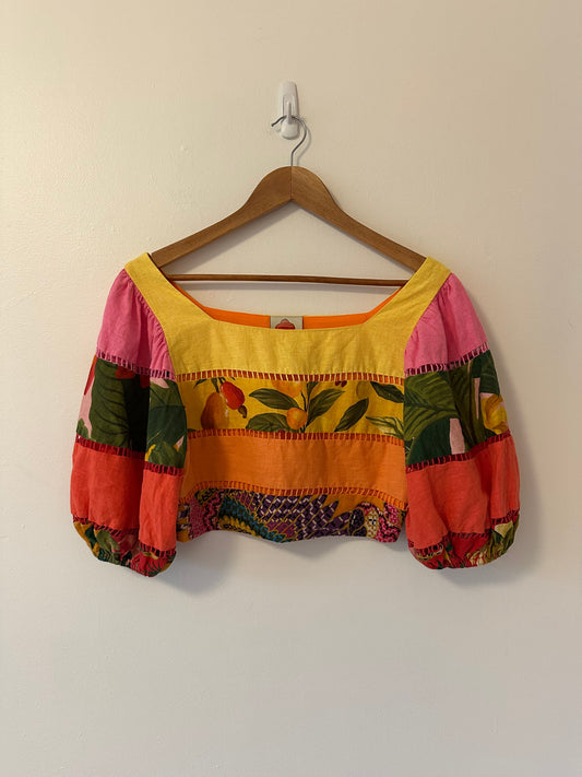 FARM Rio Rainbow Mixed Prints Tiered Linen Blend Top | Size Medium