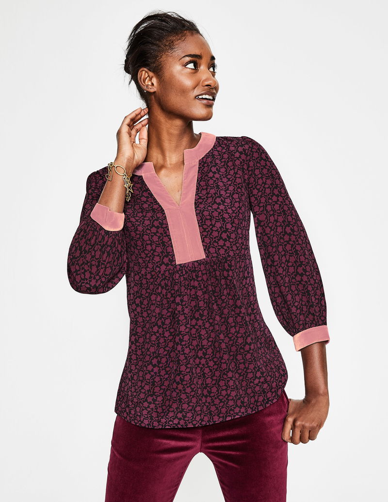 Boden Velvet Trimmed Annabel Top in Pink and Black - Size 8