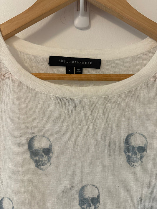 Skull Cashmere White Short Sleeve Linen Tee with Skull Print Size Large