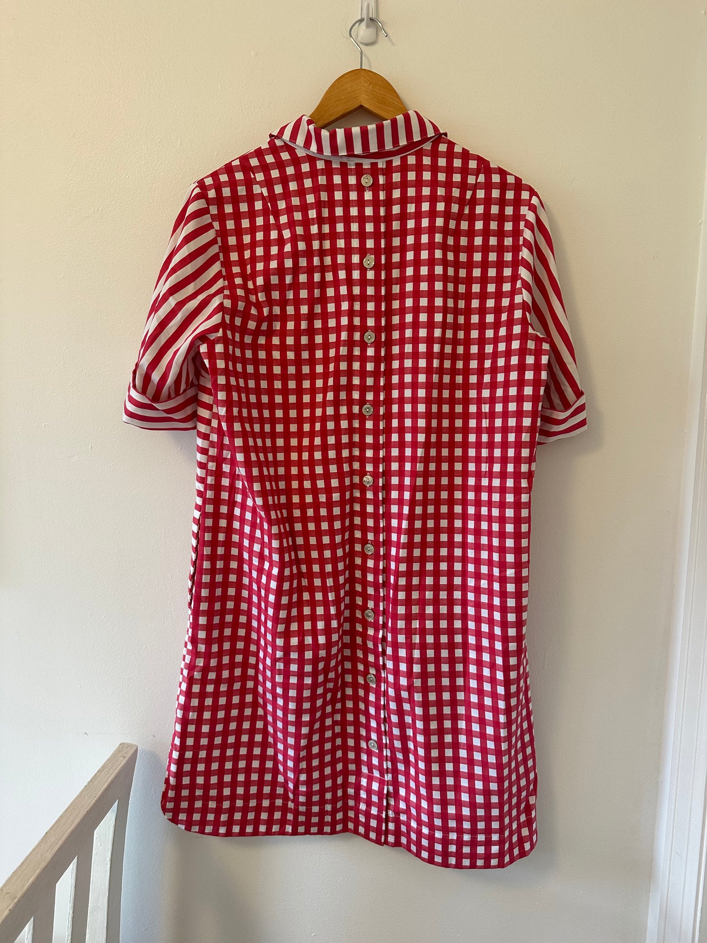 Hinson Wu Aileen Short Sleeve Stripe/Gingham Dress in Coral and White - Size Medium