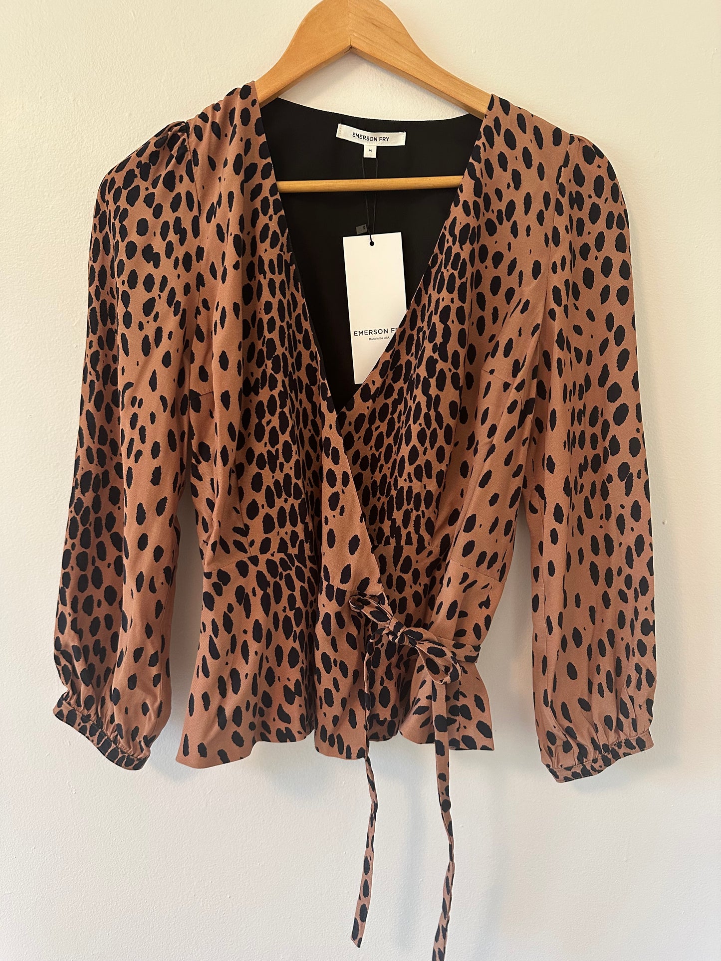 Emerson Fry Brown Animal Print Wrap Blouse 3/4 Sleeve Size Medium