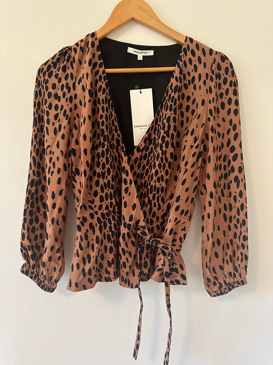 Emerson Fry Brown Animal Print Wrap Blouse 3/4 Sleeve Size Medium