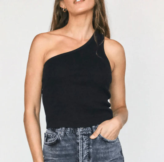 perfectwhitetee Call Me One Shoulder Structured Rib Tank in Black | Size Medium