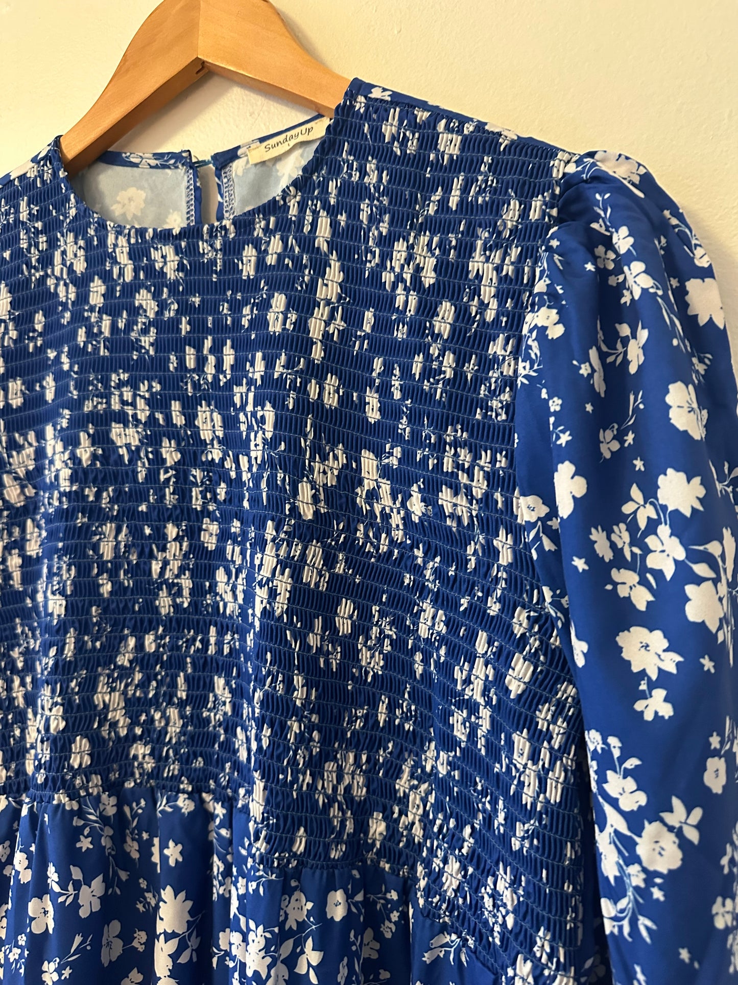 Sunday Up Smocked Bodice Blue and White Floral Dress | Size Large