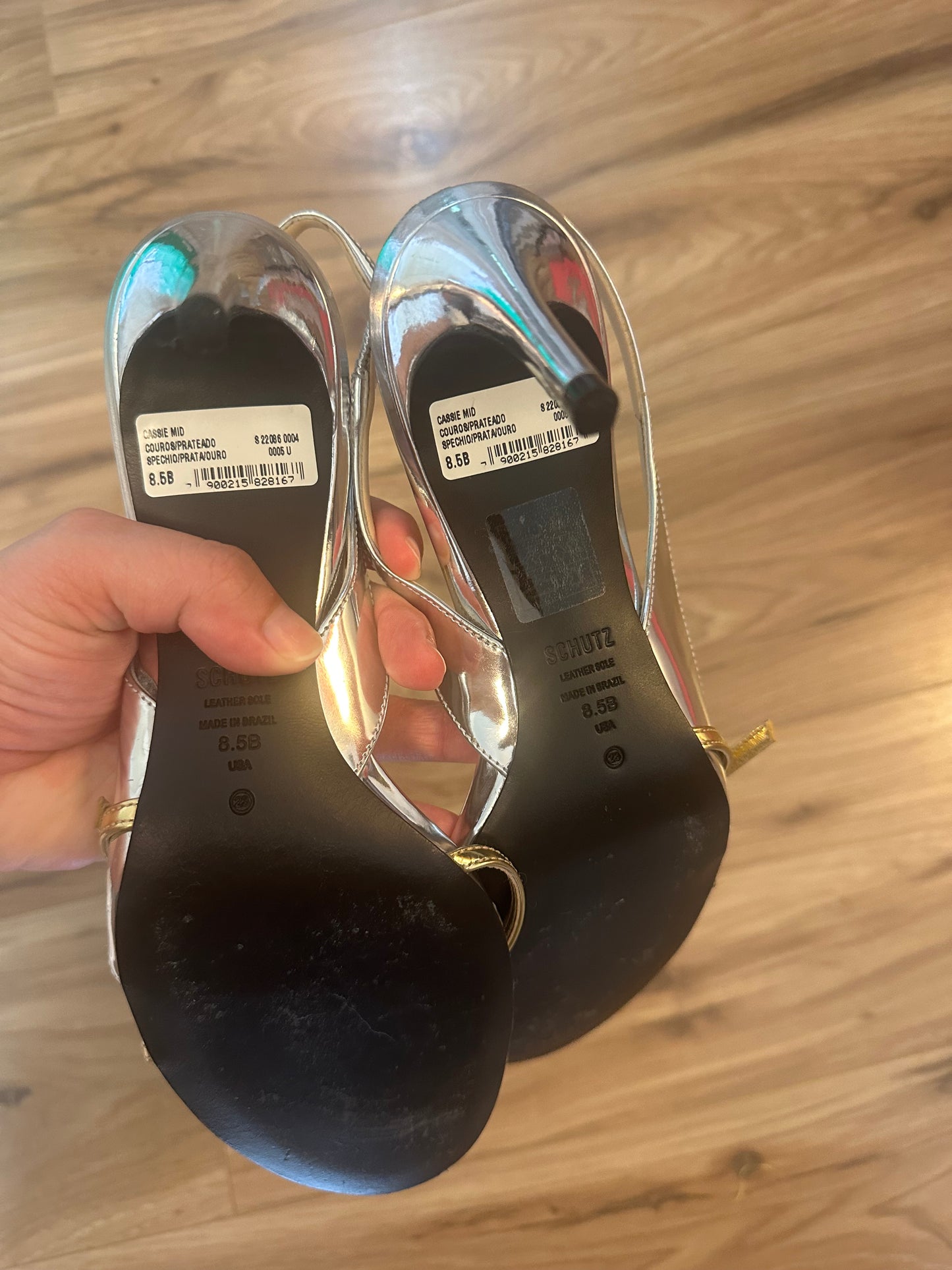 Schutz Cassie Mid Heel Silver and Gold Women's Dress Sandals - Size 8.5