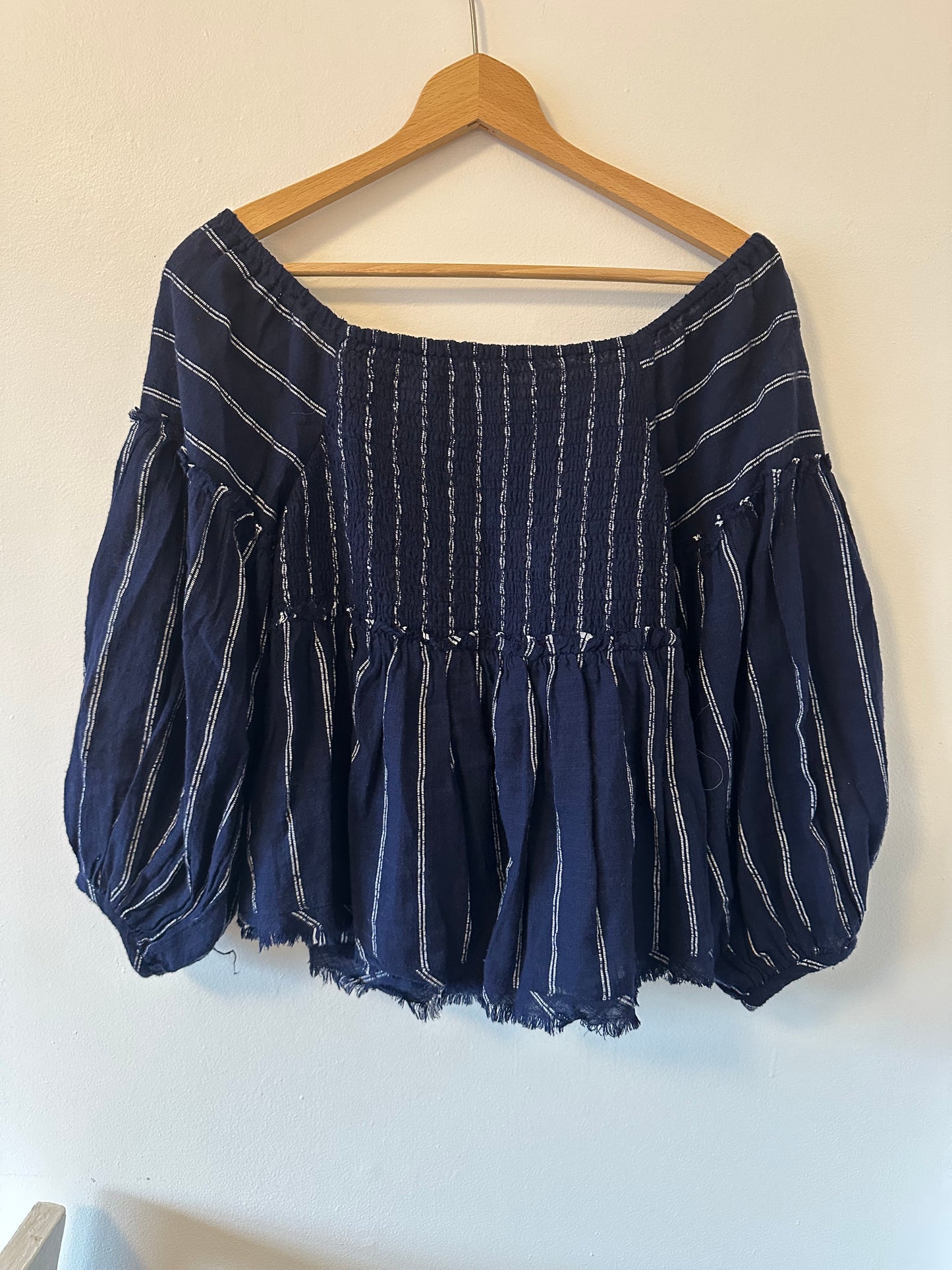 Free People Blue and White Stripe Peasant Blouse Size M