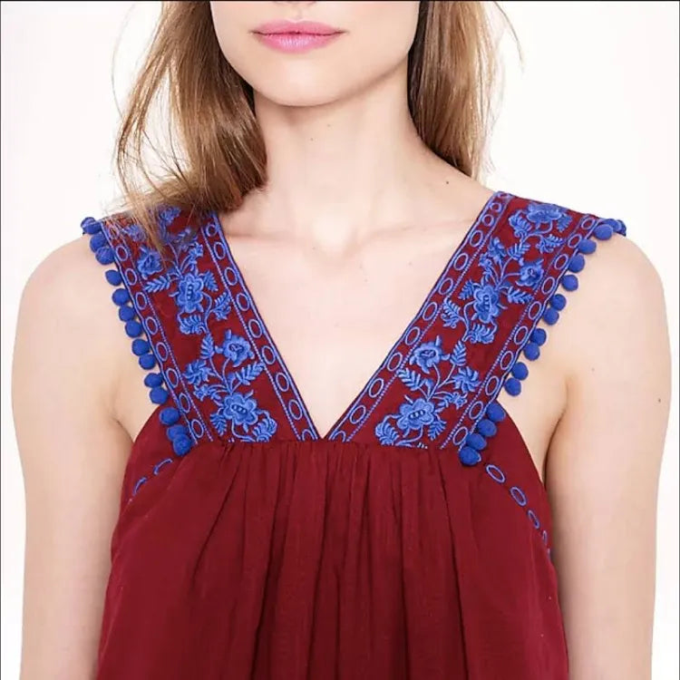 J. Crew Embroidered Burgundy Pom Pom Sleeveless Tank Top - Size 2