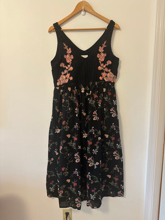 Maeve - Black V-Neck Dress with Pink Floral Embroidery | Size XS