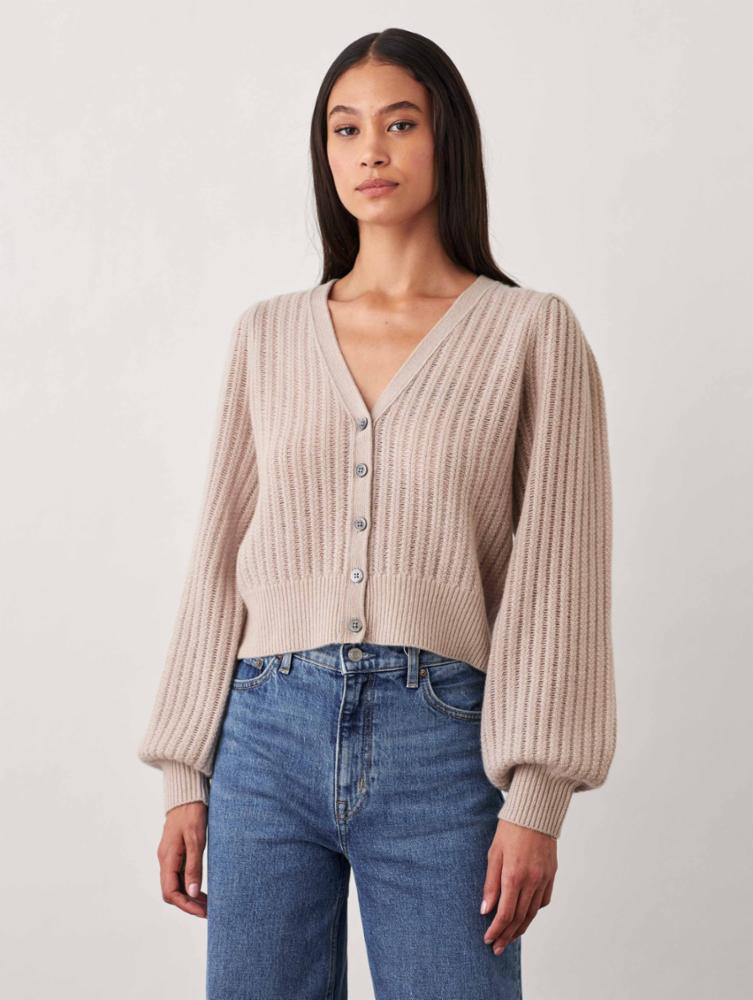 White + Warren Cashmere Textured Cardigan in Jute Heather | Size Small