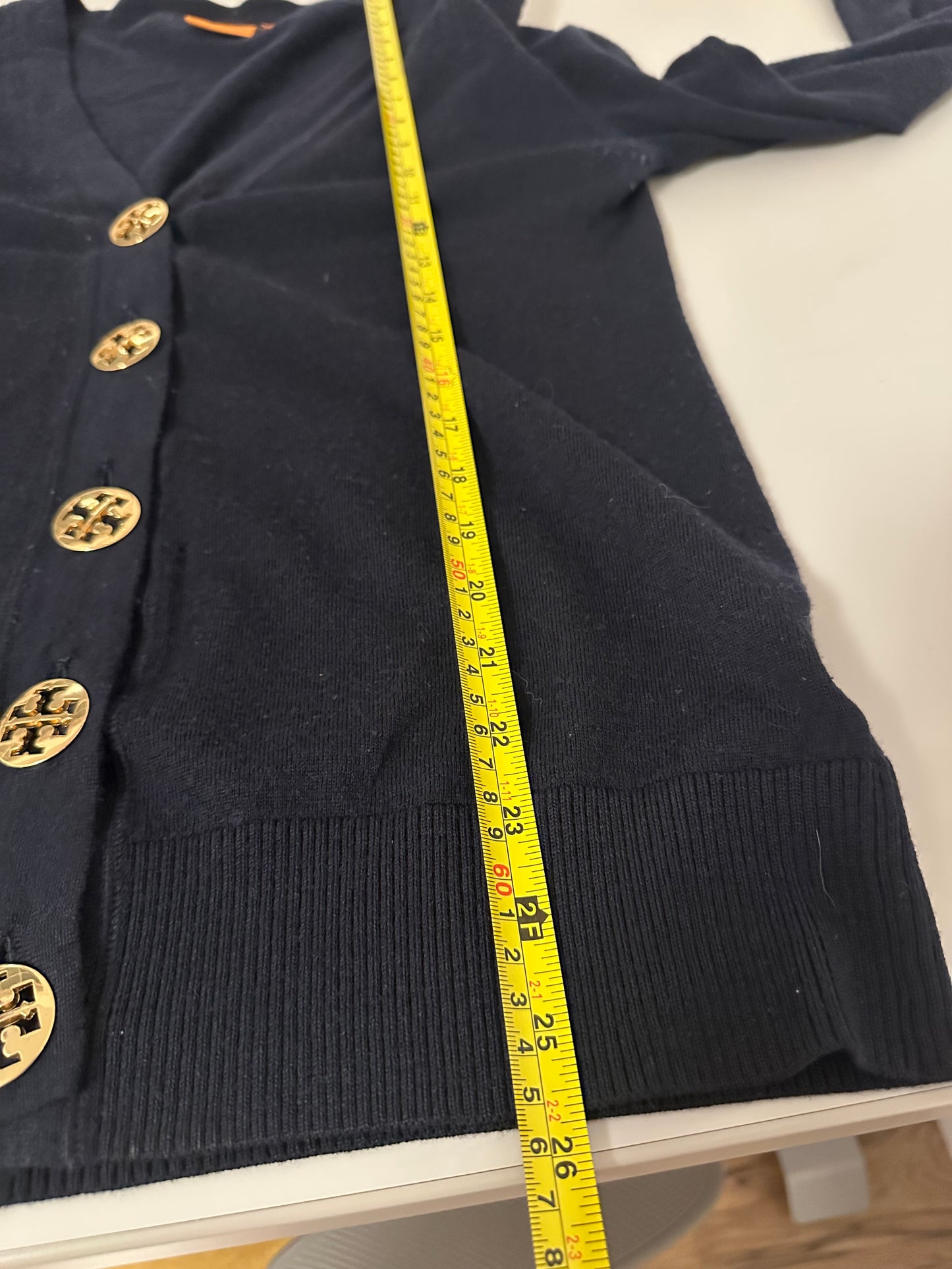 Tory Burch Women's Simone Black Cardigan with Gold Logo Buttons | Size Large