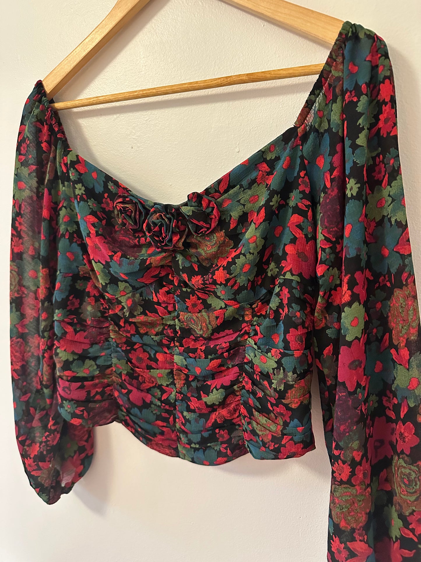 Free People Oh La La Floral Blouse - Red and Black in Size Medium