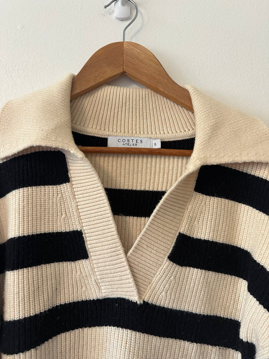 Costes Striped Black and Cream Collared Polo Sweater | Size Small