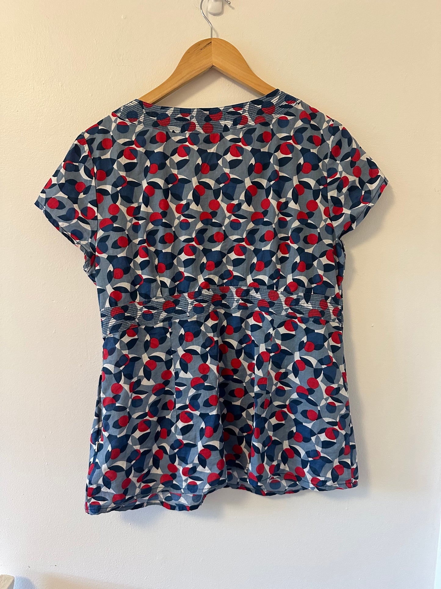 Boden Notch Neck Poplin Blue and Red Patterned Blouse - Size 12