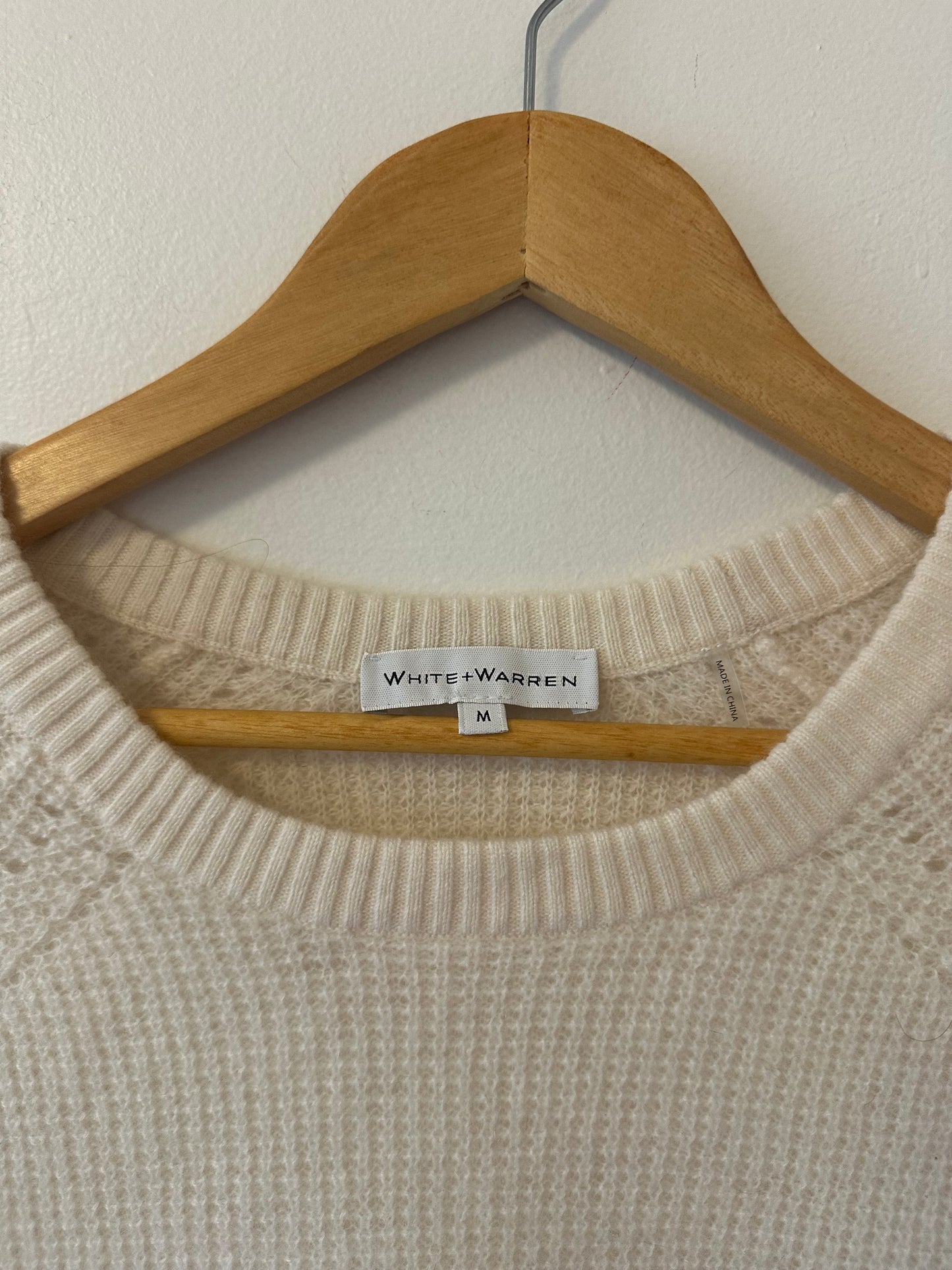 NWT White + Warren Cashmere Waffle Sweatshirt Sweater in Cream | Size Small