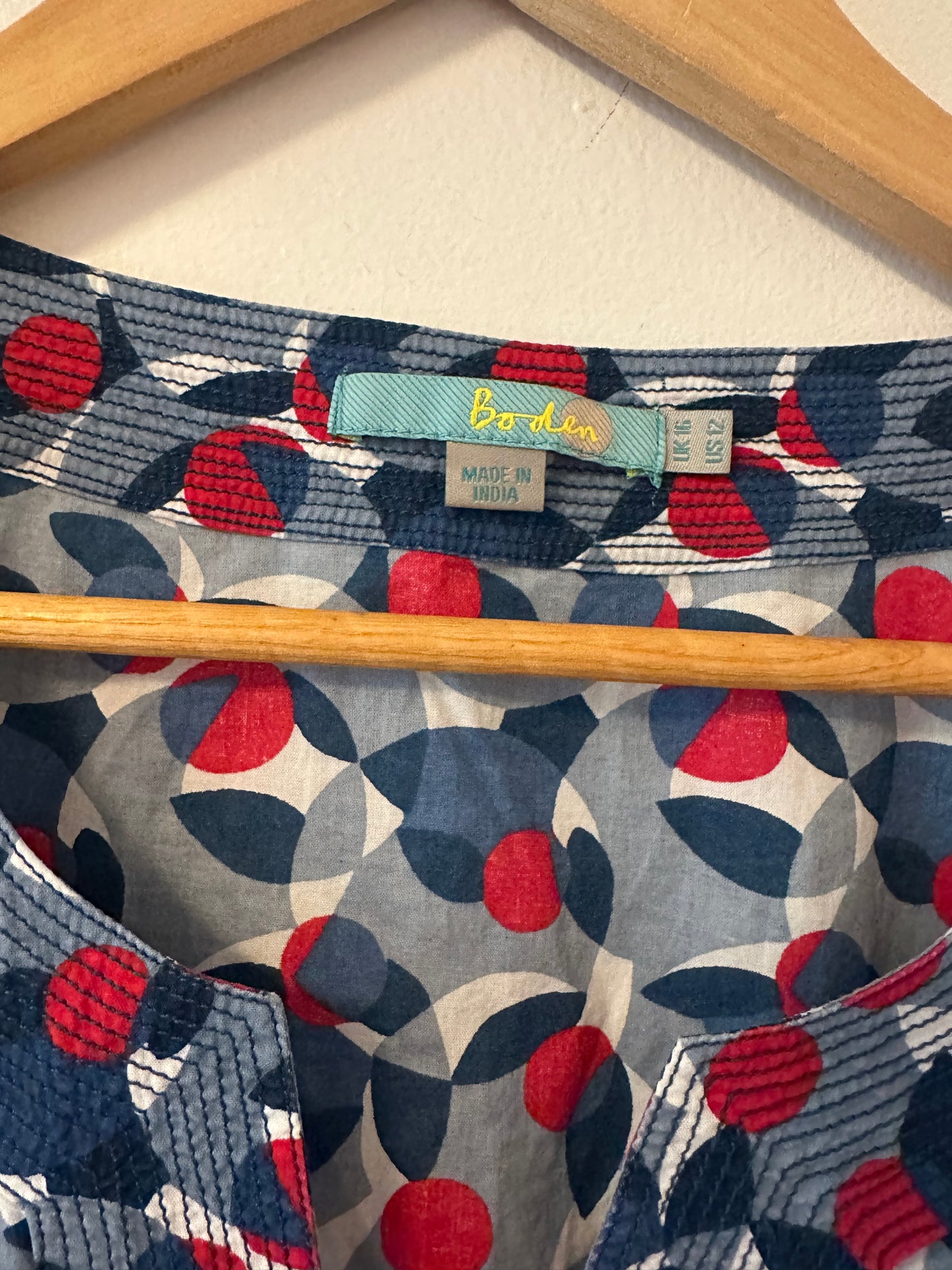 Boden Notch Neck Poplin Blue and Red Patterned Blouse - Size 12